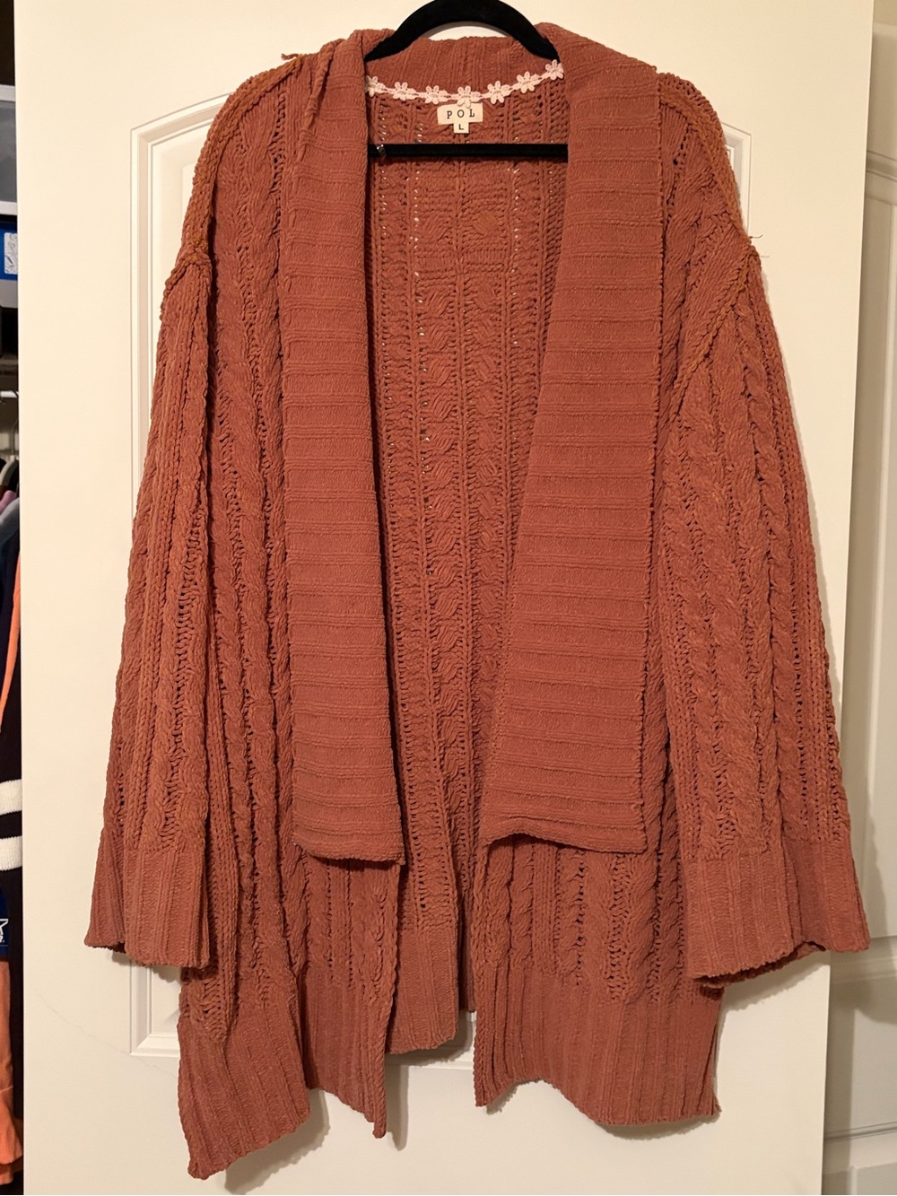 POL Open-Front Cable Knit Cardigan in Rusty Copper